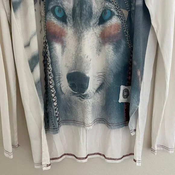 DOUBLE D RANCH Embroidered/Beaded Wolf in Head Dress Tee/Tunic: NWOT; MEDIUM - Picture 4 of 9